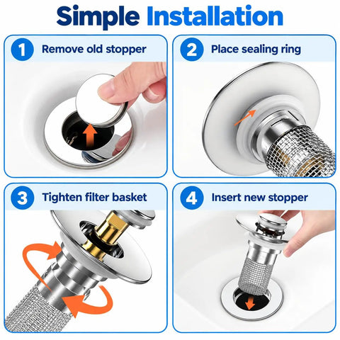 Step-by-step installation guide for Removable Stainless Steel Hair Catcher Basket For Bathroom Sink Tub And Shower With Pop Up Drain Stopper.