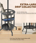 Close-up of Dope Freestanding Coat Rack With 12 Hooks And Umbrella Holder, showcasing extra-large drip tray with umbrellas and accessories.
