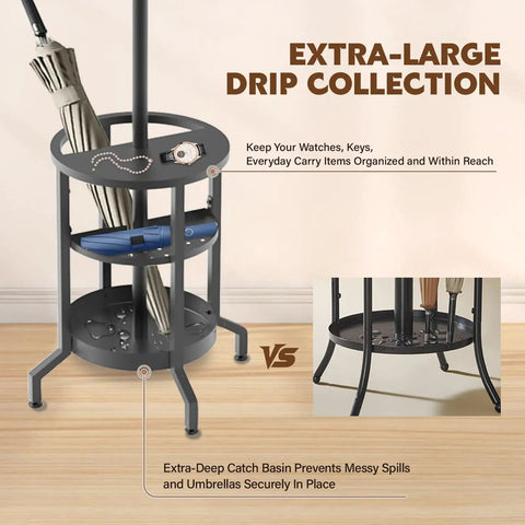 Close-up of Dope Freestanding Coat Rack With 12 Hooks And Umbrella Holder, showcasing extra-large drip tray with umbrellas and accessories.