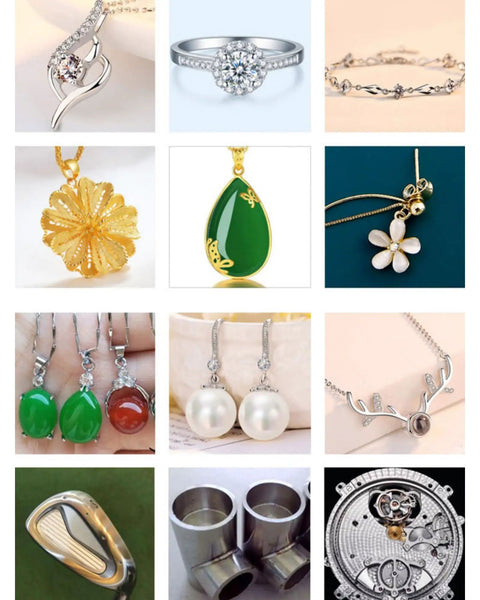 Collage of jewelry items like rings, necklaces, earrings, and watch components, related to Jewelry Spot Welder 220V 200W Welding Machine.