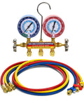 Test And Charge Manifold Kit With Three And One Eighth Inch Color Coded Gauge Brass Manifold, Seventy Two Inch Hoses