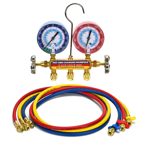 Test And Charge Manifold Kit With Three And One Eighth Inch Color Coded Gauge Brass Manifold, Seventy Two Inch Hoses