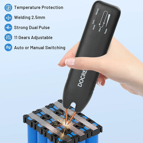 Hand using Rechargeable Battery Spot Welder With Visual Display 3360W Max Power 11 Adjustable Gears Copper Tips Portable Lithium Battery Welder