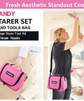 Woman using pink tool set with shoulder strap for home dorm office DIY projects and apartment repairs