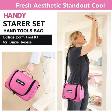 Woman using pink tool set with shoulder strap for home dorm office DIY projects and apartment repairs