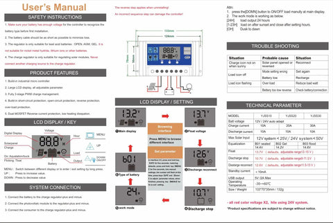 User's manual for PWM solar charge controller with LCD display, diagrams, and technical specs for 12V/24V systems.