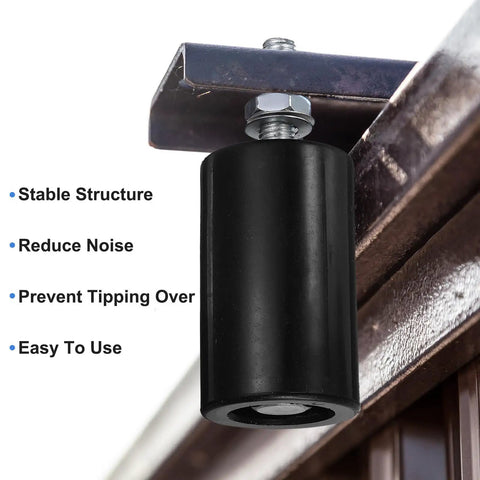 Heavy Duty 4 Pack Slide Gate Guide Rollers Slick Nylon Wheels With Sealed Steel Ball Bearings For Sweet Universal Sliding Door Track Replacement Components Black mounted on a track.