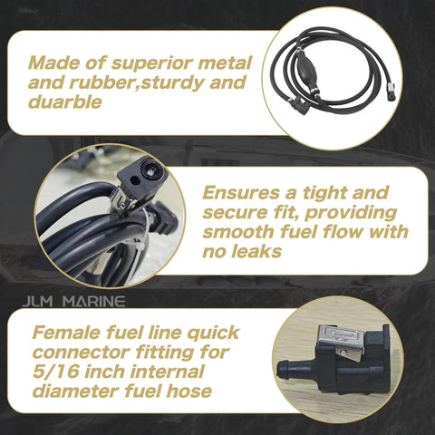 Five Sixteenth Inch Six And A Half Foot Fuel Line With Primer Bulb And Connectors For Yamaha Marine Outboard Engines And Fuel Tanks Ethanol Ready Low Permeation Rubber Hose Durable And Flexible package showing connectors and primer bulb