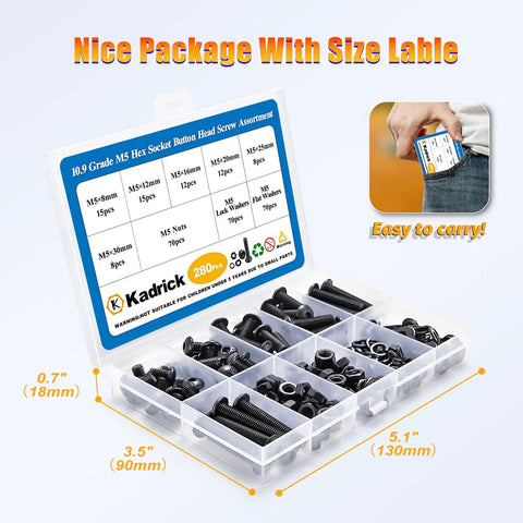 M5 Screw Kit 280Pcs With Nuts Lock Washers Flat Washers Grade 10.9 Alloy Steel Hex Socket Button Head Black Screws Set Box