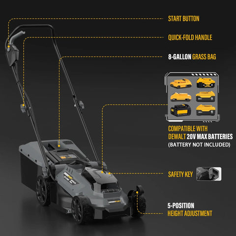 Cordless Lawn Mower Compatible With 20V Max Batteries Tool Only No Gas Easy Start Quiet Yard Work Lightweight And Maneuverable Requires 4.0Ah Or Higher Battery For Safe Peak Performance Fits 20V Max Battery Systems, side view with 8-gallon grass bag