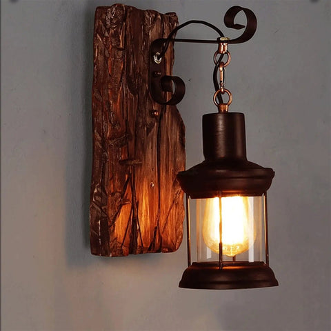 Top Shelf Rustic Wall Sconce Featuring Solid Wood Backplate And Vintage Industrial Metal Lantern Design, 15cm W x 36cm H.