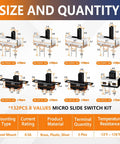132 Piece Micro Slide Switch Kit Dope SPDT On Off 2 Position 3 Pin Tiny Toggle Switches for Panel Mount Vertical Through Hole Assortment Includes SS12D00 SS12F15 SS12D10 for Electronics Projects diagram of sizes and quantities