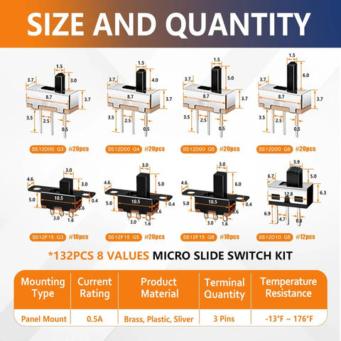 132 Piece Micro Slide Switch Kit Dope SPDT On Off 2 Position 3 Pin Tiny Toggle Switches for Panel Mount Vertical Through Hole Assortment Includes SS12D00 SS12F15 SS12D10 for Electronics Projects diagram of sizes and quantities