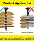 Diagram showing Rugged Flat Head Self Tapping Wood Screws Size 4 By 3/8 Inch M3x10mm applications on wood and limits on masonry.