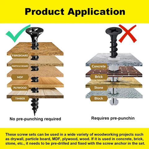 Top Shelf Heavy Duty Flat Head Self Tapping Wood Screws Forged From Badass Carbon Steel With Tough Black Oxide Shield For Zero Stink Rust And Smooth Drive Includes 100 Reliable Quick Grabbers, showing application on wood vs. concrete.