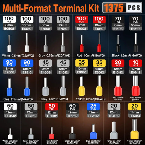 Multi-format terminal kit with various AWG and sizes for All-In-One Ferrule Crimping Tool Kit With Automatic Wire Stripper