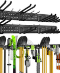 Garage Tool Organizer Wall Mount System with 99 Inch Heavy Duty Construction, filled with various tools and garden equipment