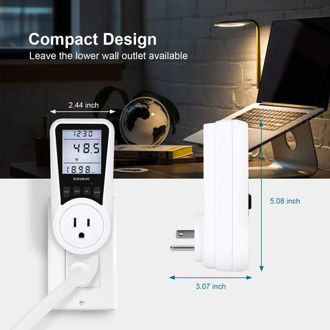 Plug In Energy Meter With Real Time Cost Tracking And Backlit Display For Easy Readouts, Overload Protection, Kilowatt Wattage Voltage Amp Tester, Your Go To Electricity Usage Monitor For Home And Office shown measuring 2.44 x 5.08 x 3.07 inches in compact design next to a laptop.