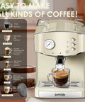 Straight Up Retro 20 Bar Espresso Machine With Integrated Milk Frother And ESE Pod Compatible Setup Featuring Pressure Gauge Plus 54 Oz Removable Water Tank For True Coffeeheads, beige, showing coffee types.