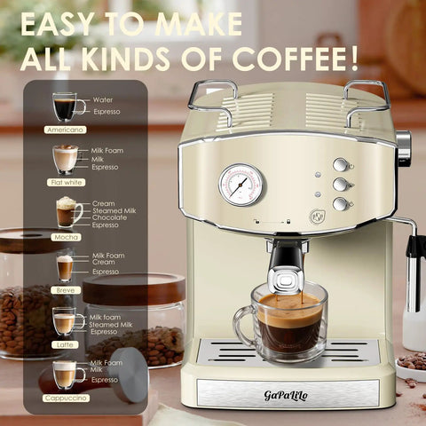 Straight Up Retro 20 Bar Espresso Machine With Integrated Milk Frother And ESE Pod Compatible Setup Featuring Pressure Gauge Plus 54 Oz Removable Water Tank For True Coffeeheads, beige, showing coffee types.