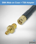 Magnetic 3.5 Inch Antenna Base With Female SMA Jack And TS9 Adapter, 6.5 Foot Coax Cable Lead, Mag Mount For 4G 5G Cellular ADS B And GPS Antennas Delivers A Killer Signal Not For Wi Fi, showing SMA male connector and TS9 adapter