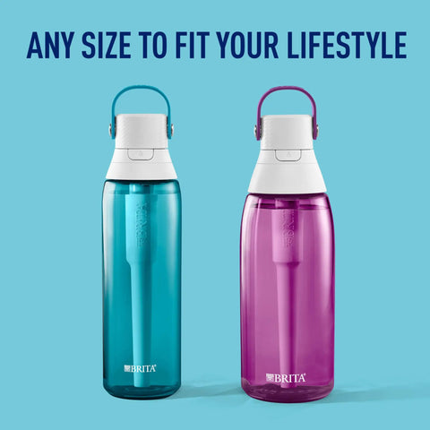 Two hard sided premium filtering water bottles 36 oz BPA free, one blue and one orchid color, with text 'Any Size to Fit Your Lifestyle'