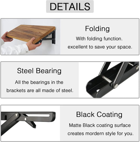 Details of 16 Inch Folding Shelf Brackets Set Of 2 Heavy Duty Stainless Steel Collapsible Triangle Shelf Brackets features.