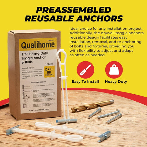 One Quarter Inch Twenty Toggle Anchors With Bolts For Hollow Walls Heavy Duty Winged Anchors Adjustable Up To Two And A Half Inches Thick Holds Up To 1080 Lbs Includes Heavy Duty Drill Bit Pack Of 12 displayed with box and sample anchors