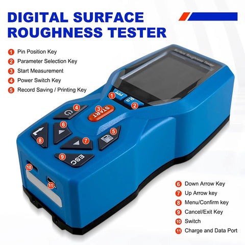 Portable Surface Roughness Tester with 0.001 µm Resolution, front view showing screen and buttons, for various surface measurements