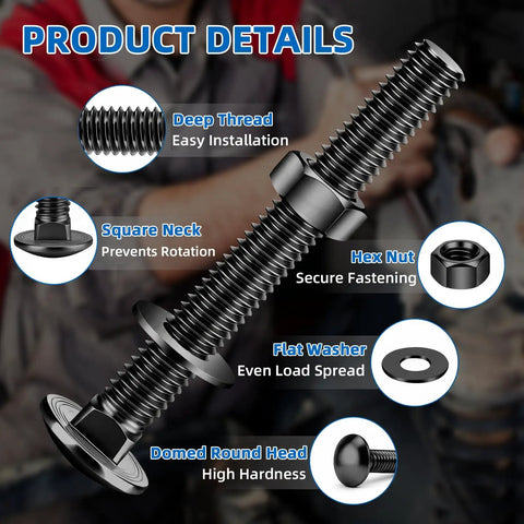 3/8-16 X 6 Carriage Bolt Kit With Nuts And Washers, Round Head Square Neck Bolts, 304 Stainless Steel, Full Thread, Black Finish, Heavy Duty Hardware Set For Furniture, Decks, Rails, Includes 4 Bolts, 4 Nuts, 4 Washers. Detail view of black carriage bolt, nut and washer