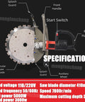 Heavy Duty 5000W Brushless Wet Cut Ring Saw With Integrated Water Pump And Twin Diamond Blades, side view with features marked.