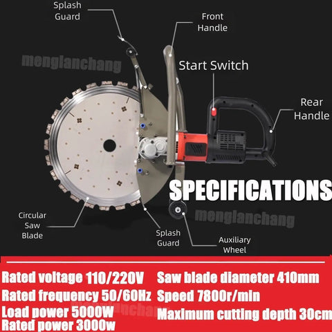 Heavy Duty 5000W Brushless Wet Cut Ring Saw With Integrated Water Pump And Twin Diamond Blades, side view with features marked.