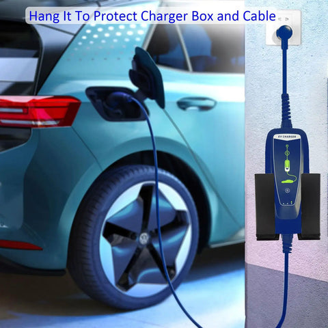 Solid Metal EV Charger Wall Mount Holder Adjustable Universal Electric Vehicle Charging Box Organizer Cord Rack securely holds charging cable.
