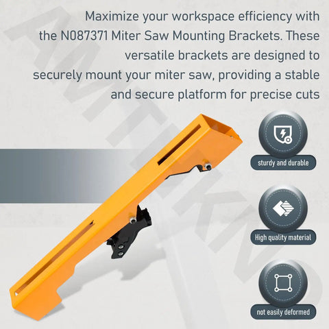 Heavy Duty Miter Saw Mounting Brackets With Lever Release Clips For DW723, DWX723, DWX724, DWX725 And N087371 Stands, shown in steel and orange.