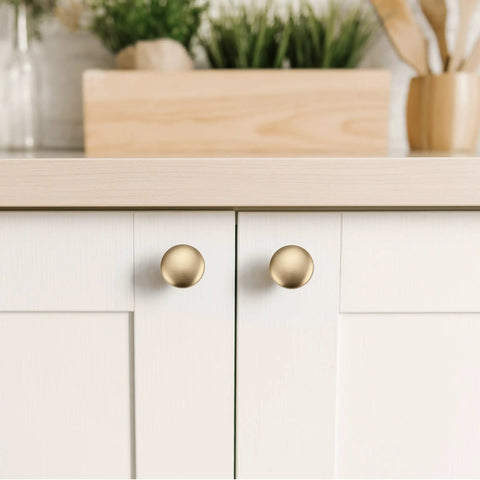 Champagne Bronze Cabinet Knobs 1-1/6 Inch Solid Zinc Alloy With Brushed Brass Finish 25 Pack Long Lasting Scratch Resistant Door Handles Easy Install For Kitchen Cabinets And Furniture Boss Look on white cabinet doors