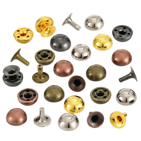 Assorted rivets from 150 Piece Leather Rivets Set With 12x6mm Round Dome Rivets And Mushroom Rivets, suitable for various DIY projects.