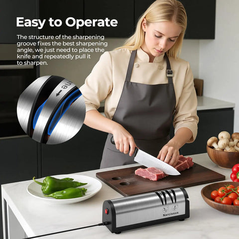 Person using Fast 2 Stage Electric Knife Sharpener For Home Kitchen, Pro Grade Sharpening And Polishing on kitchen counter.