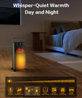 New 1500W Portable Space Heater With Fireplace Flame Effect in bedroom showing whisper-quiet operation feature