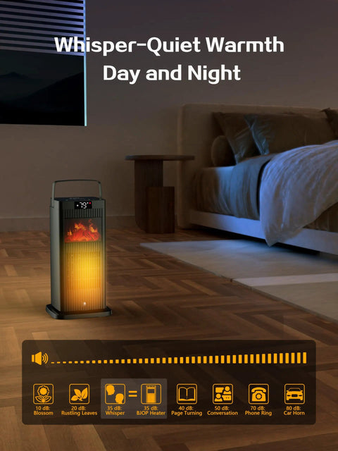 New 1500W Portable Space Heater With Fireplace Flame Effect in bedroom showing whisper-quiet operation feature