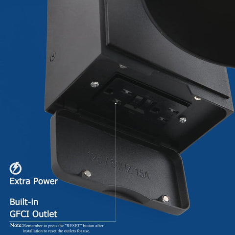 Close-up of Dusk To Dawn Outdoor Wall Sconce with built-in GFCI outlet, black barn light fixture, waterproof design