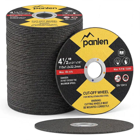 Bulk 100 Pack 4.5 Inch Cut Off Wheels for Angle Grinder Pro Grade Thin Metal and Stainless Steel Cutting Discs stacked front view.