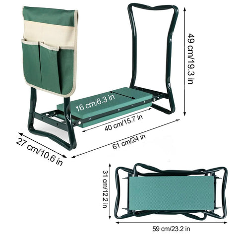 Garden Kneeler And Seat Two In One Foldable Bench Stool With Tool Bag Pouch EVA Foam Pad For Kneeling Or Sitting Outdoor Gardening Essentials Easy To Use Lightweight And Sturdy Green with dimensions labeled