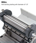 Close-up of 8 Inch 3 In 1 Metal Brake Shear Roll Machine for 20 Gauge Steel, showing roll feature for cone rolling and bending.