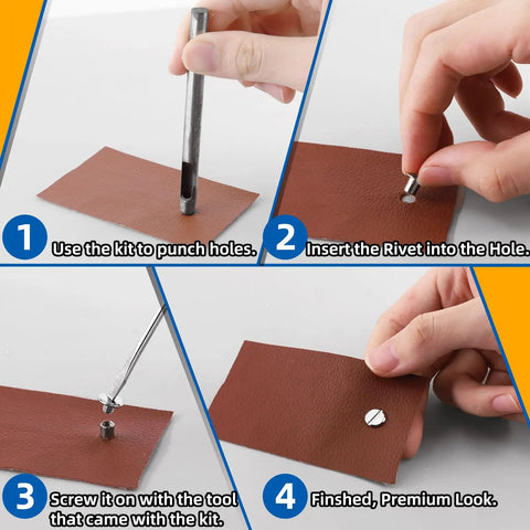 Slick Chicago Screws Assortment Kit Featuring 150 Silver Binding Rivets, use kit to punch holes in leather for crafting.