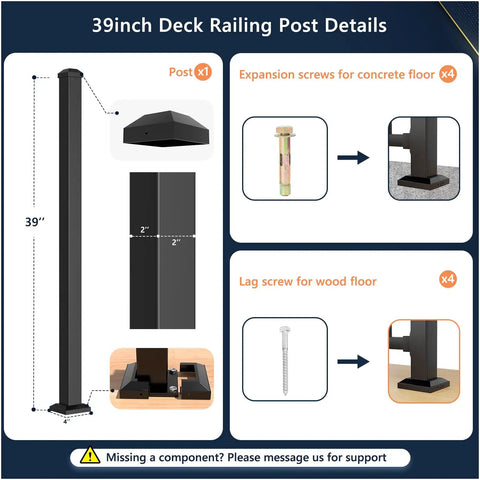 2x2x39 Inch Modular Aluminum Deck Post Weather Ready Built Tough With 6063 Aluminum And AAMA 2604 Textured Black Finish Universal Porch Post installation details