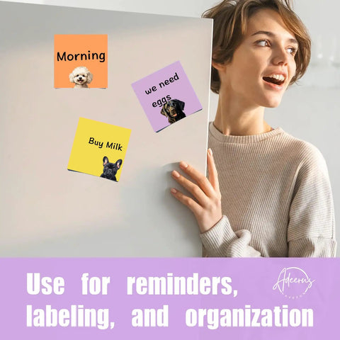 Woman using 9 Pads Totally Cute Sticky Notes Set 3x3 Inch Dog Self Stick Notepads with dog designs on fridge