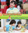 Child holding 14 In 1 STEM Building Kit For Kids Ages 8 To 12 With 218 Pieces And Motor, playing with assembled models.