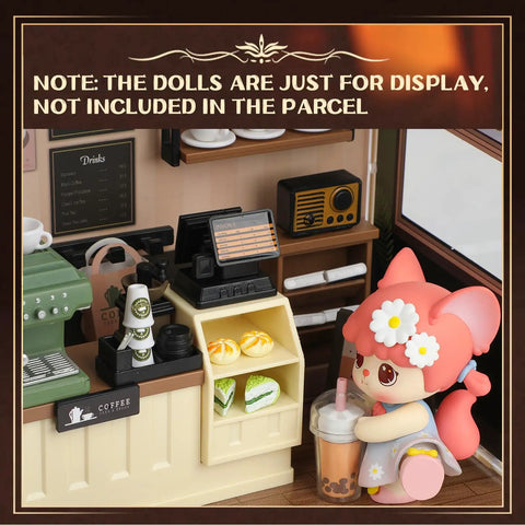 LED Coffee Shop Mini Model Kit for DIY Dollhouse Enthusiasts, featuring colorful cafe setup with accessories and adorable doll display.