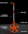 12 Inch Measuring Wheel With 9999 Ft Range And Feet Inches Readout, One Key Zero Reset, Foldable 3 Part Orange Tape Wheel, labeled parts