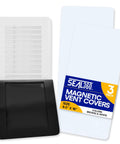 Magnetic Vent Covers 2-Pack for Floor Wall or Ceiling Vents 9.5 x 16 White Complete Seal to Boost Air in Used Rooms While Blocking Unused Spaces Save Money on RV and Home HVAC Vents Vent Not Included, shown in packaging with one cover partially opened.